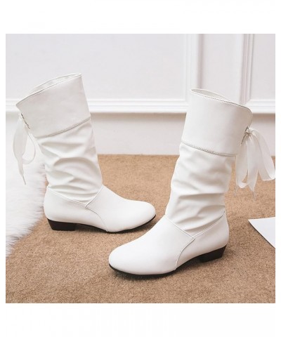 Ladies Fashion Solid Color Pleated Leather Bow Tie Back Thick Heel Medium Boots Tan Short Boots Women White $23.51 Boots