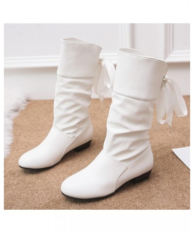 Ladies Fashion Solid Color Pleated Leather Bow Tie Back Thick Heel Medium Boots Tan Short Boots Women White $23.51 Boots