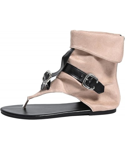 Women Retro Bohemian Gladiator Casual Shoes Flat Clip Toe Ankle Boots Beach Sandals T-Strap Roman Open-Toe Sandals 2-beige $1...