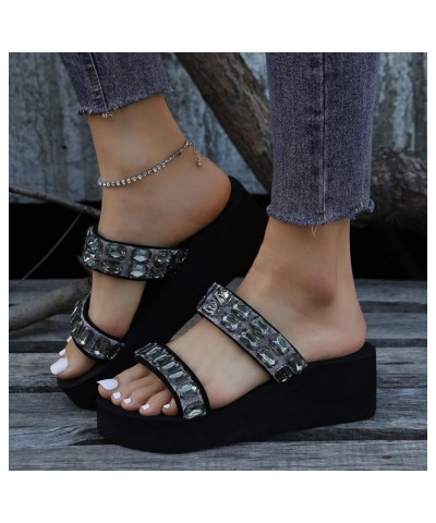 Women Shoes Thick Bottom Slope Heel With Diamond Beach Slippers Fashion Home Comfortable Women Boot Slippers Black $11.38 Sli...