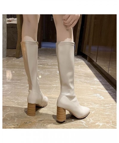 Women Fashion Mid Calf Boot Womens Block Heel Pointed Toe Motorcycle Boot Faux Leather Riding Boots Beige $24.20 Boots