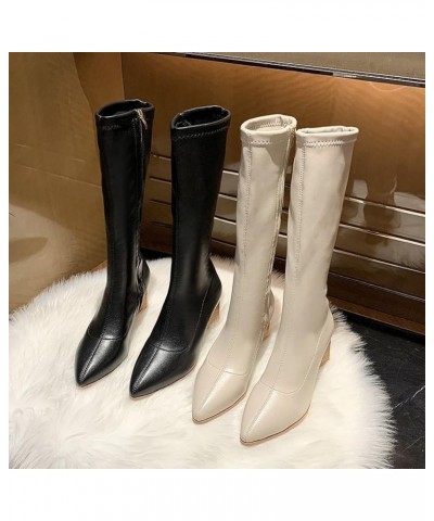 Women Fashion Mid Calf Boot Womens Block Heel Pointed Toe Motorcycle Boot Faux Leather Riding Boots Beige $24.20 Boots