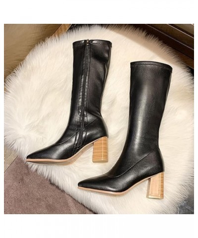 Women Fashion Mid Calf Boot Womens Block Heel Pointed Toe Motorcycle Boot Faux Leather Riding Boots Beige $24.20 Boots