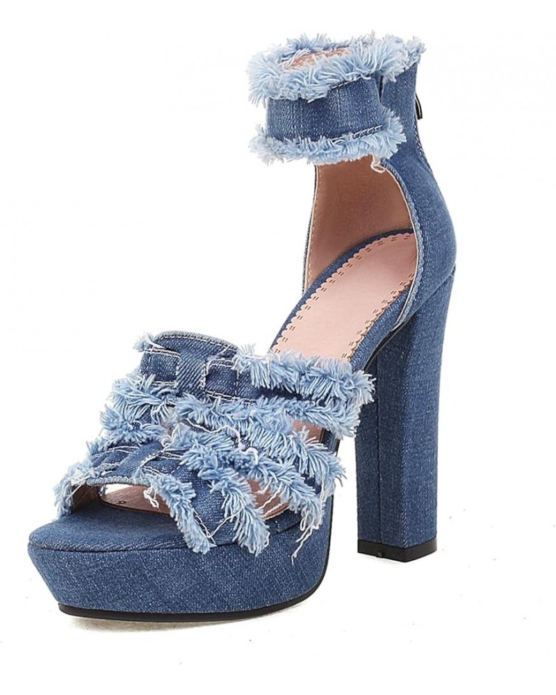 Women's Denim High Heels Open Toe Slip-On High Heels Side Zipper Heels Fashion Versatile Sandals Blue 1 $24.48 Sandals