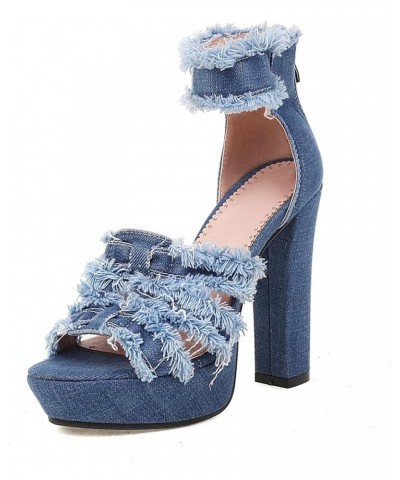 Women's Denim High Heels Open Toe Slip-On High Heels Side Zipper Heels Fashion Versatile Sandals Blue 1 $24.48 Sandals