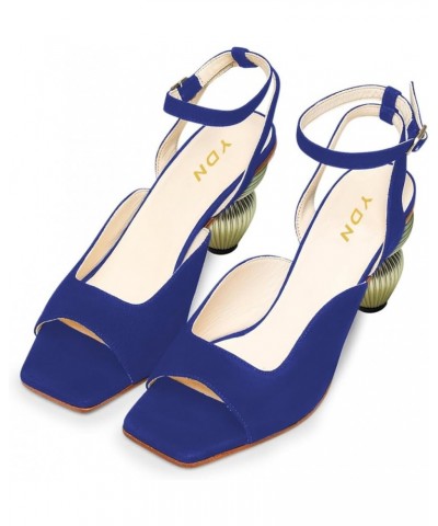 Women Ankle Strap Sandals Stacked Metal Chunky Mid Heels Square Toe Buckle Shoes Party Shopping Evening Size 4-16 US Blue $46...