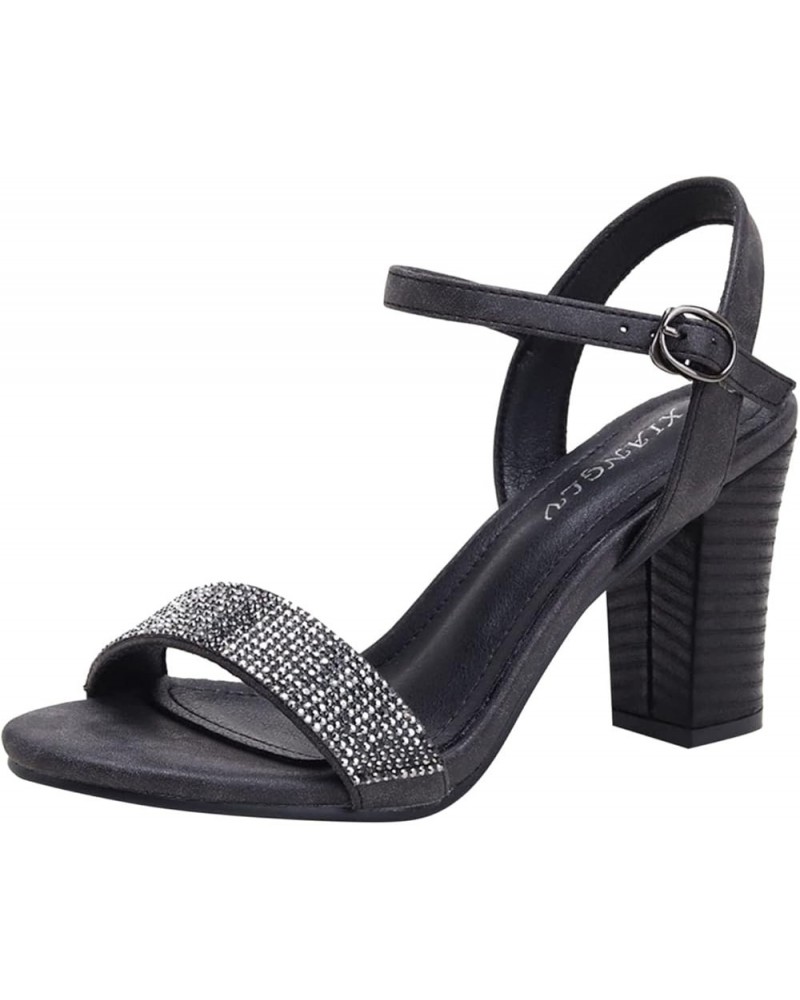 Women Rhinestone Strap Heels Sandals Elegant Square Open Toe Heel Sandals Comfortable Buckle Ankle Strap Sandals Black 10 $29...