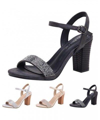 Women Rhinestone Strap Heels Sandals Elegant Square Open Toe Heel Sandals Comfortable Buckle Ankle Strap Sandals Black 10 $29...