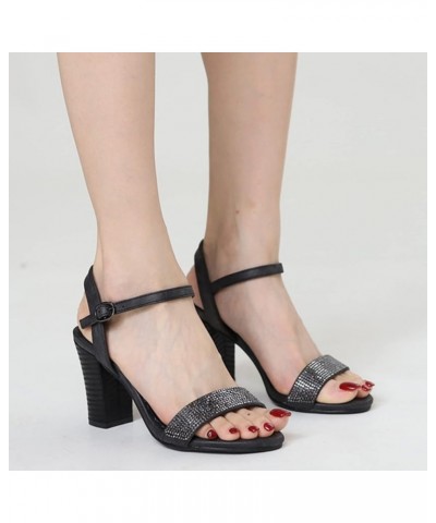 Women Rhinestone Strap Heels Sandals Elegant Square Open Toe Heel Sandals Comfortable Buckle Ankle Strap Sandals Black 10 $29...