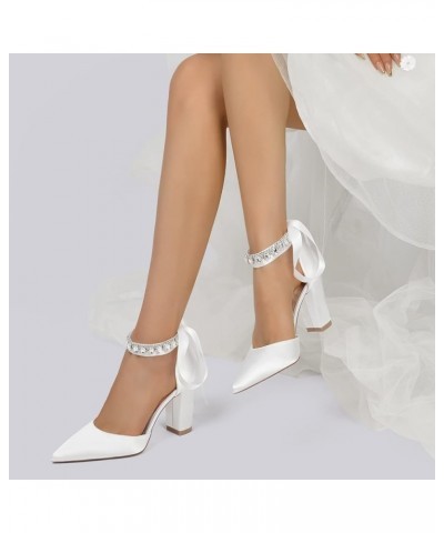 Women's Pearl Chunky Heel Sandals Satin Ankle Strap Strappy High Heel Wedding Shoes Pointed Toe Chunky Block Heels Bridal Sho...