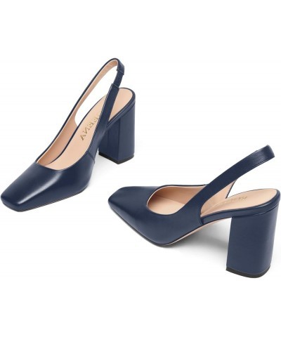 Womens Slingback Sexy Comfortable Square Toe Party Fashion Matte Leather Block High Heel Pumps Dress Shoes 3.5 Inch Navy Blue...