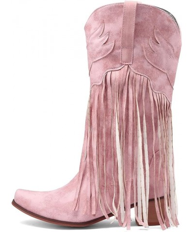 Womens Boots Comfortable Pull On Chunky Heel Pointed Toe Fringed Boots Western Knee High Rain Boots for Women Pink $29.79 Boots