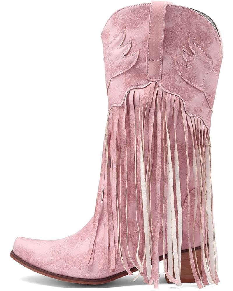 Womens Boots Comfortable Pull On Chunky Heel Pointed Toe Fringed Boots Western Knee High Rain Boots for Women Pink $29.79 Boots