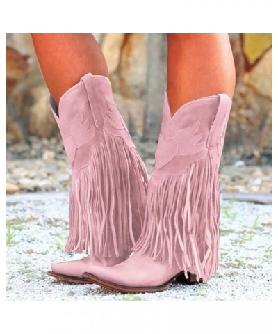 Womens Boots Comfortable Pull On Chunky Heel Pointed Toe Fringed Boots Western Knee High Rain Boots for Women Pink $29.79 Boots