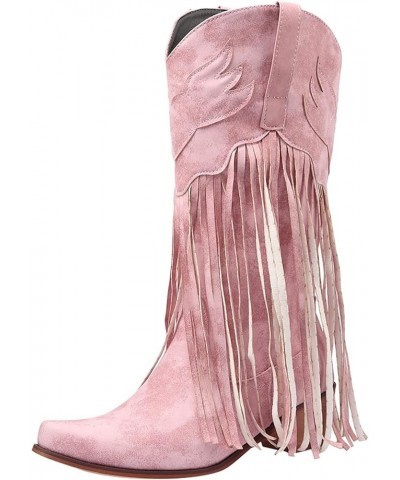 Womens Boots Comfortable Pull On Chunky Heel Pointed Toe Fringed Boots Western Knee High Rain Boots for Women Pink $29.79 Boots