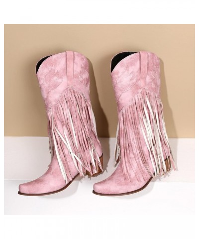 Womens Boots Comfortable Pull On Chunky Heel Pointed Toe Fringed Boots Western Knee High Rain Boots for Women Pink $29.79 Boots