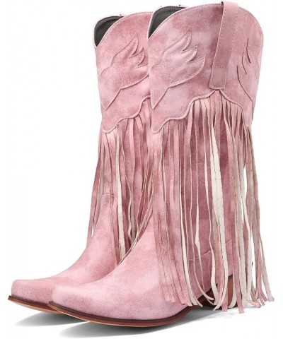 Womens Boots Comfortable Pull On Chunky Heel Pointed Toe Fringed Boots Western Knee High Rain Boots for Women Pink $29.79 Boots