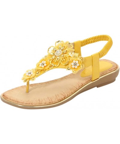 Sandals for Women Dressy Summer,Womens Floral Trim Clip Toe Ankle Elastic Strap Thong Flip Flop Slip On Retro Sandals Yellow ...