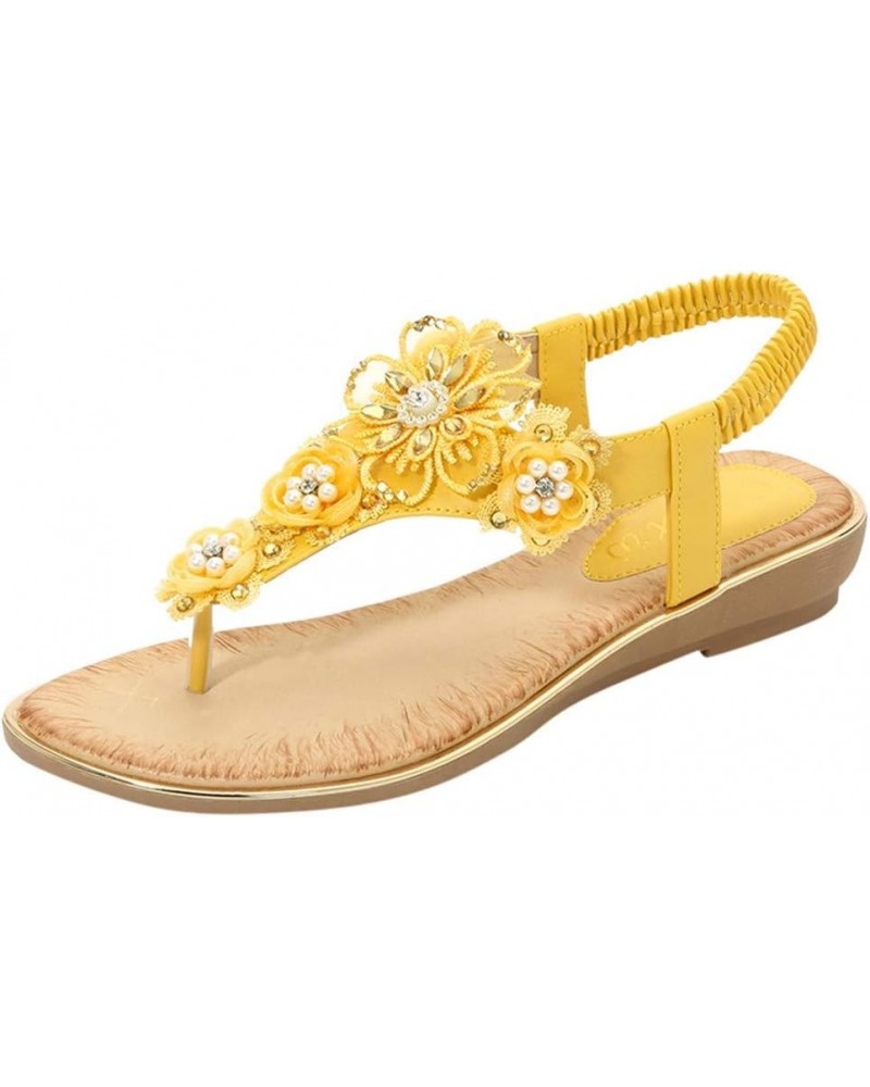 Sandals for Women Dressy Summer,Womens Floral Trim Clip Toe Ankle Elastic Strap Thong Flip Flop Slip On Retro Sandals Yellow ...