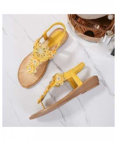 Sandals for Women Dressy Summer,Womens Floral Trim Clip Toe Ankle Elastic Strap Thong Flip Flop Slip On Retro Sandals Yellow ...