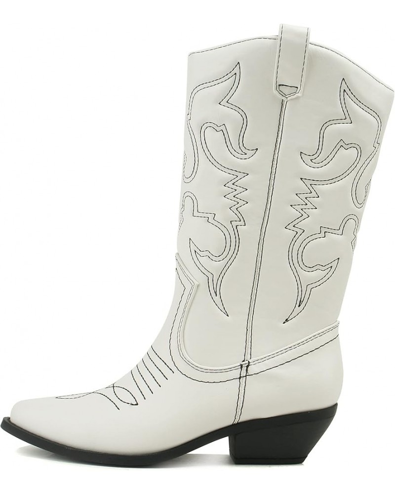 RENO ~ Women Western Cowboy Stitched Pointe Toe Low Heel Ankle Mid Shaft Fashion Boots White/Black Pu $24.20 Boots