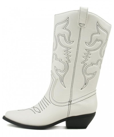 RENO ~ Women Western Cowboy Stitched Pointe Toe Low Heel Ankle Mid Shaft Fashion Boots White/Black Pu $24.20 Boots