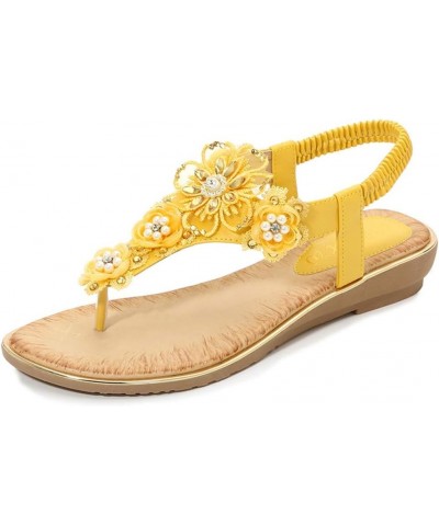 Sandals for Women Dressy Summer,Womens Floral Trim Clip Toe Ankle Elastic Strap Thong Flip Flop Slip On Retro Sandals Yellow ...