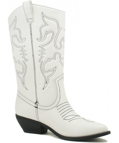 RENO ~ Women Western Cowboy Stitched Pointe Toe Low Heel Ankle Mid Shaft Fashion Boots White/Black Pu $24.20 Boots