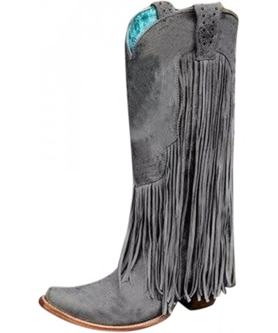 Winter Boots for Women Retro Long Tassels Knee High Square Toe Pull On Chunky Block Boots Comfortable Western Boots Grey $32....