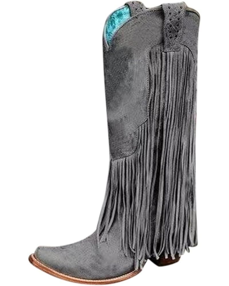 Winter Boots for Women Retro Long Tassels Knee High Square Toe Pull On Chunky Block Boots Comfortable Western Boots Grey $32....