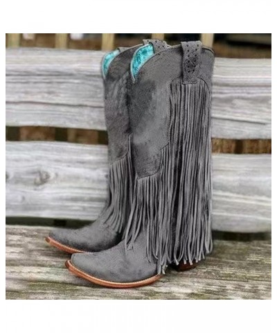 Winter Boots for Women Retro Long Tassels Knee High Square Toe Pull On Chunky Block Boots Comfortable Western Boots Grey $32....