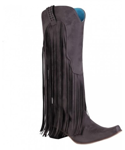 Winter Boots for Women Retro Long Tassels Knee High Square Toe Pull On Chunky Block Boots Comfortable Western Boots Grey $32....