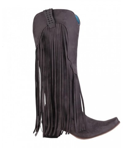 Winter Boots for Women Retro Long Tassels Knee High Square Toe Pull On Chunky Block Boots Comfortable Western Boots Grey $32....