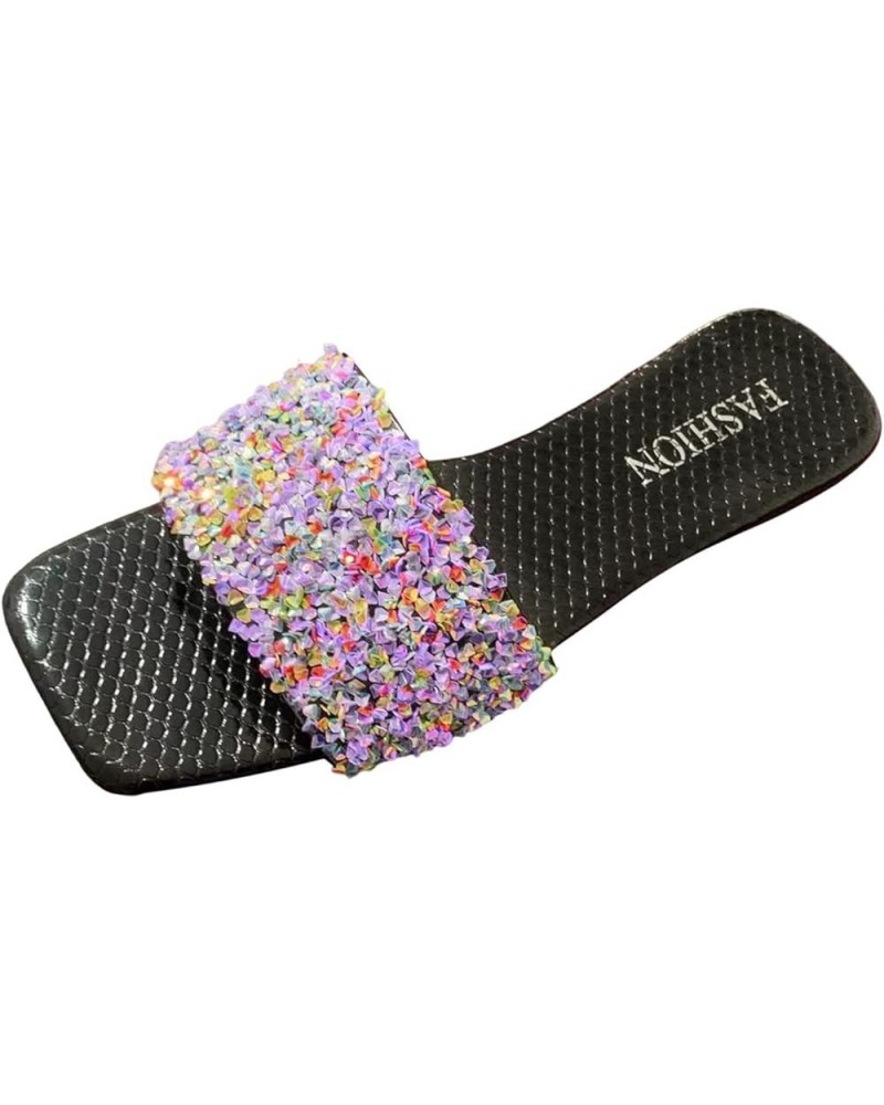 Ladies Fashion Summer Leather Sequin Decoration Square Toe Open Toe Flat Slippers Slippers for Women Wedding Pink $10.22 Fash...