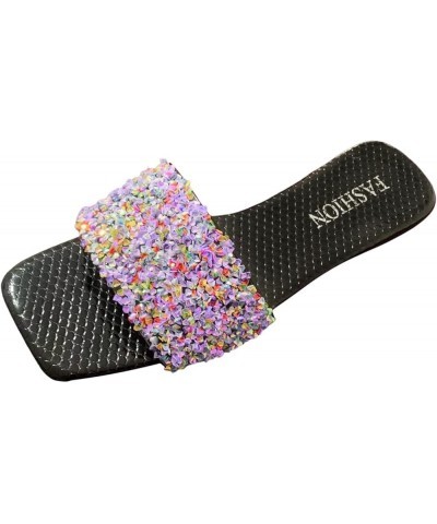 Ladies Fashion Summer Leather Sequin Decoration Square Toe Open Toe Flat Slippers Slippers for Women Wedding Pink $10.22 Fash...