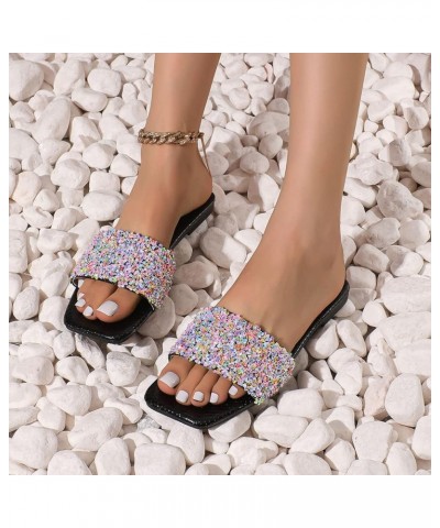 Ladies Fashion Summer Leather Sequin Decoration Square Toe Open Toe Flat Slippers Slippers for Women Wedding Pink $10.22 Fash...