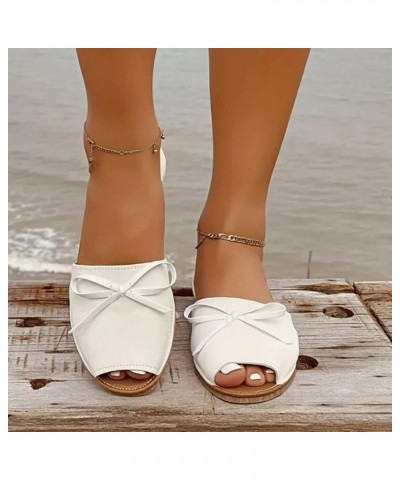 Flat Sandals Women Summer Solid Color Beach Slip On Casual Open Toe Bow Tie Flat Soft Bottom Breathable Shoes Sandals White $...