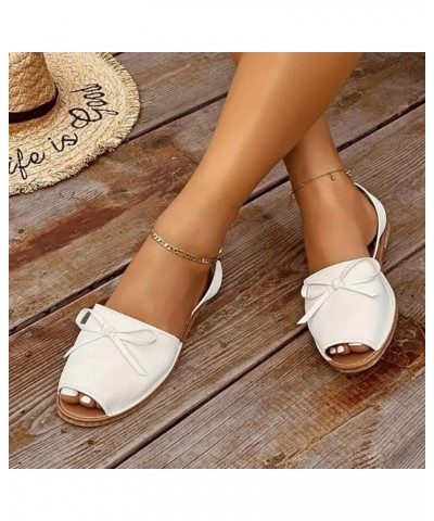 Flat Sandals Women Summer Solid Color Beach Slip On Casual Open Toe Bow Tie Flat Soft Bottom Breathable Shoes Sandals White $...