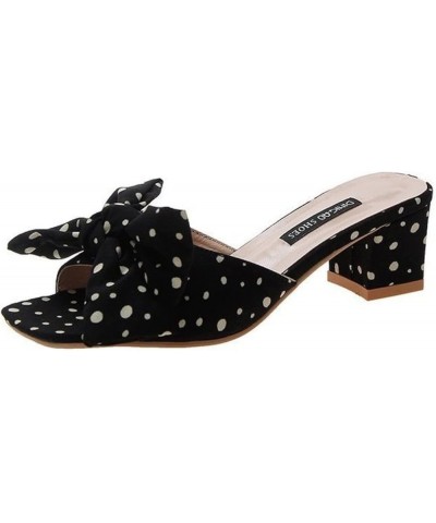 Sandals for Women Casual Dots Bowknot Slip on Summer Shoes Chunky Block Mid Heel Square Toe Slippers Black $20.25 Sandals