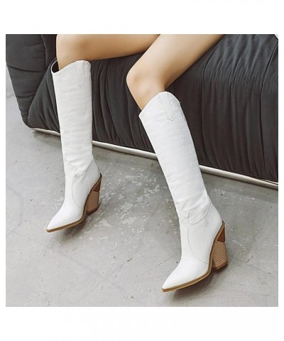 Knee High Heel Boots for Women, Women's Wedges Pointed Toe Plain Color Shoes Winter And Autumn Cowboy Boots White $28.12 Boots