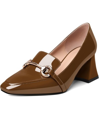 Low Heels for Women Block Chunky Heels Slip On Toe Pumps Loafers 2.5" Closed Toe Slanted Heels Shoes Patent Brown $31.34 Pumps