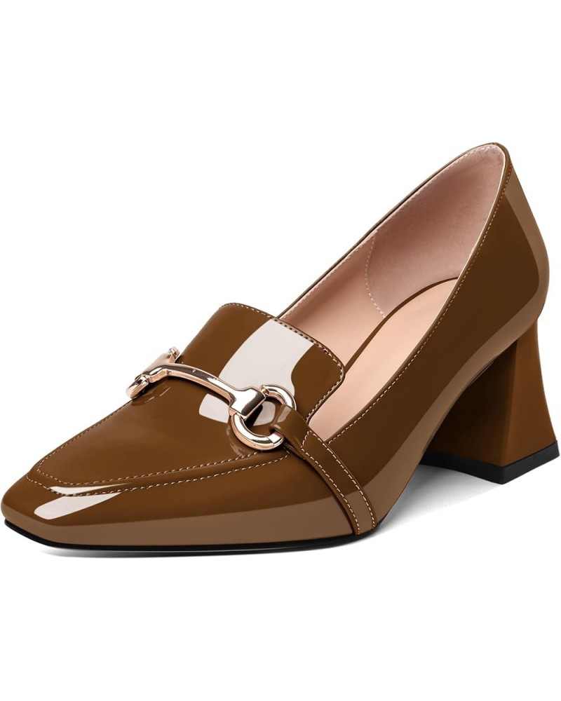 Low Heels for Women Block Chunky Heels Slip On Toe Pumps Loafers 2.5" Closed Toe Slanted Heels Shoes Patent Brown $31.34 Pumps