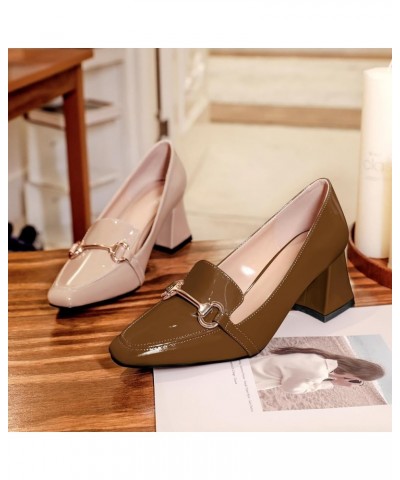 Low Heels for Women Block Chunky Heels Slip On Toe Pumps Loafers 2.5" Closed Toe Slanted Heels Shoes Patent Brown $31.34 Pumps