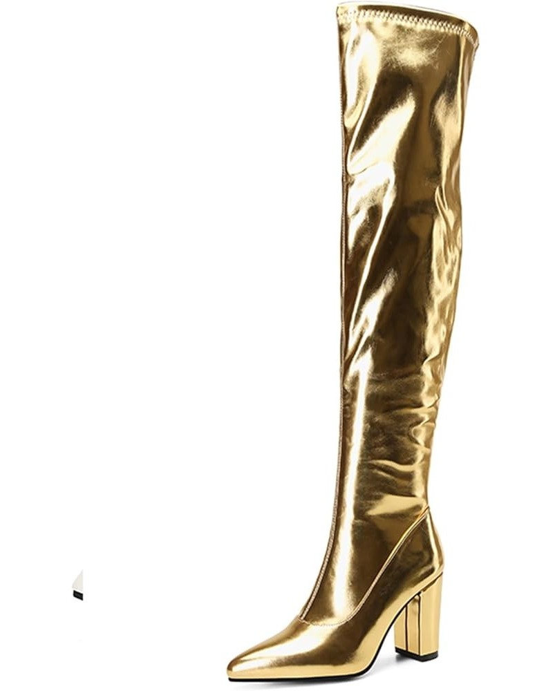 Women Super High Chunky Heel Side Zipper Shiny Sexy Long Boots Gold $28.75 Boots