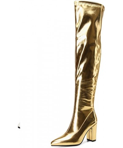 Women Super High Chunky Heel Side Zipper Shiny Sexy Long Boots Gold $28.75 Boots