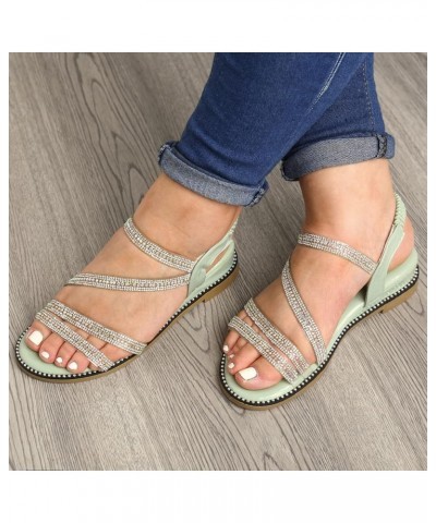 Sandals for Women Dressy Summer Ladies Fashion Summer Thin Strap Rhinestone Elastic Fish Mouth Flat Sandals 7.5 Green $13.40 ...