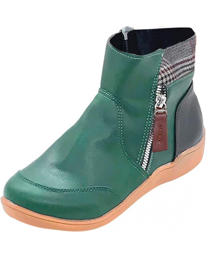 Cowboy Boots Women, Ankle Booties Retro Leather Zip Up Round Toe Snow Booties Solid Flat Soft Sole Cowgirl Boots Green $15.04...