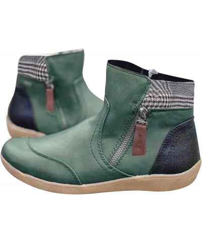 Cowboy Boots Women, Ankle Booties Retro Leather Zip Up Round Toe Snow Booties Solid Flat Soft Sole Cowgirl Boots Green $15.04...