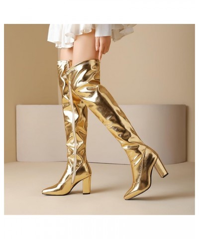 Women Super High Chunky Heel Side Zipper Shiny Sexy Long Boots Gold $28.75 Boots