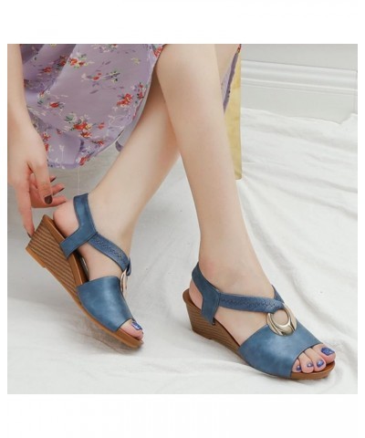 Women's Casual Strappy Sandal Open Toe Two Strap High Heeled Sandal Wedding Women's Flip-Flop Sandals Blue $21.41 Sandals